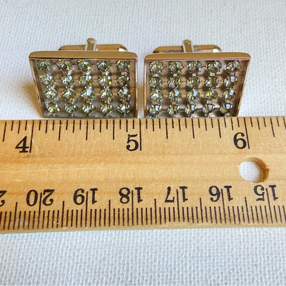 SWANK gray rhinestone cuff links in rectangular silvertone metal setting signed